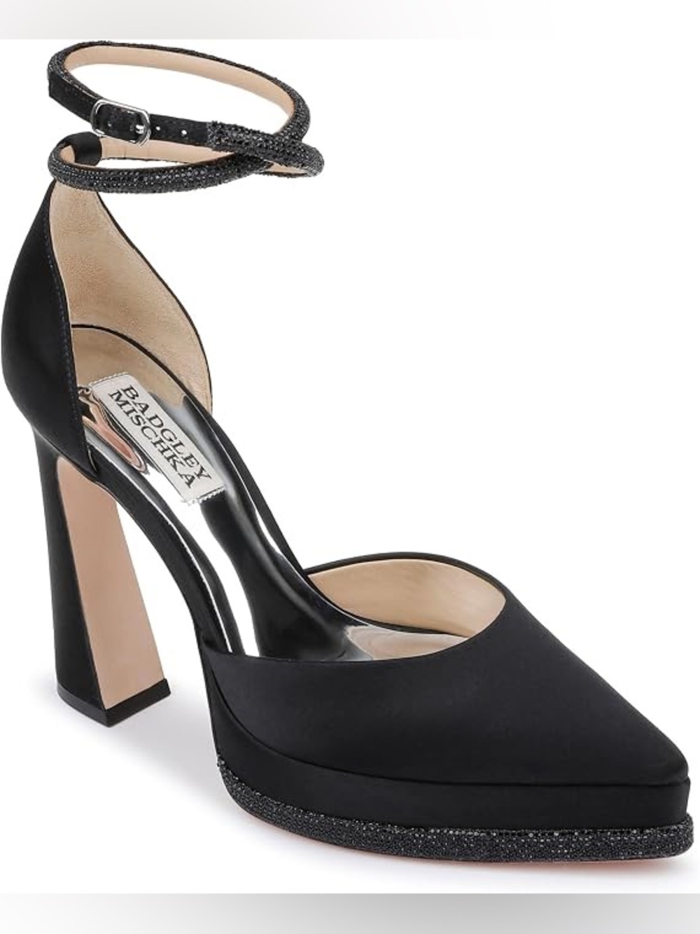 Badgley Mischka (6) Eliana Black Satin mPlatform Heels Pointed Toe Ankle Straps